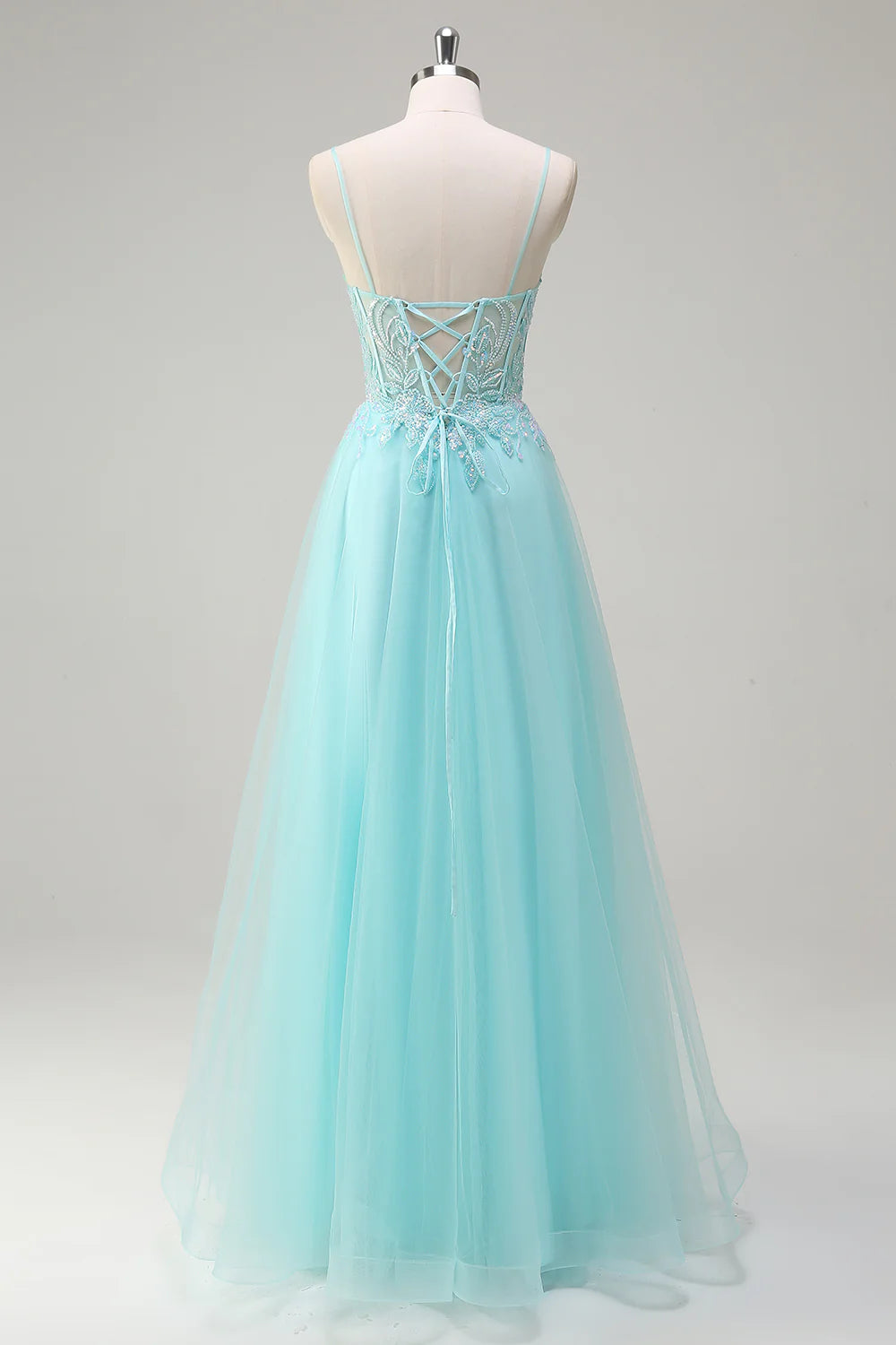 OKBBN A-line thin shoulder strap sequined chiffon long ball dress