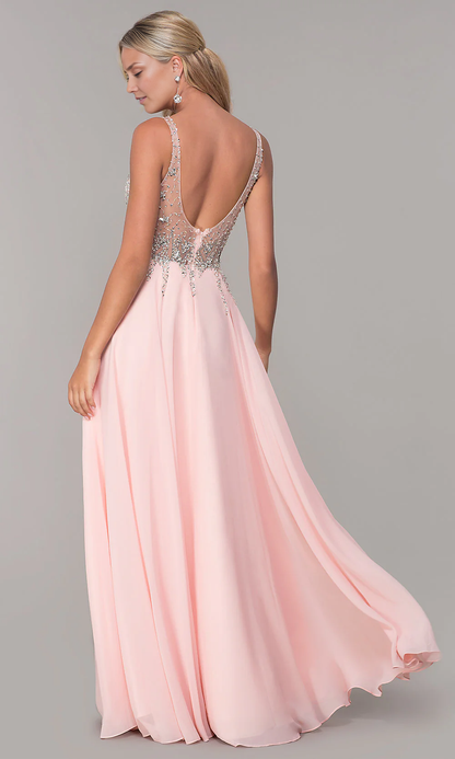 OKBBN Chiffon Backless V-neck Long Ball Dress