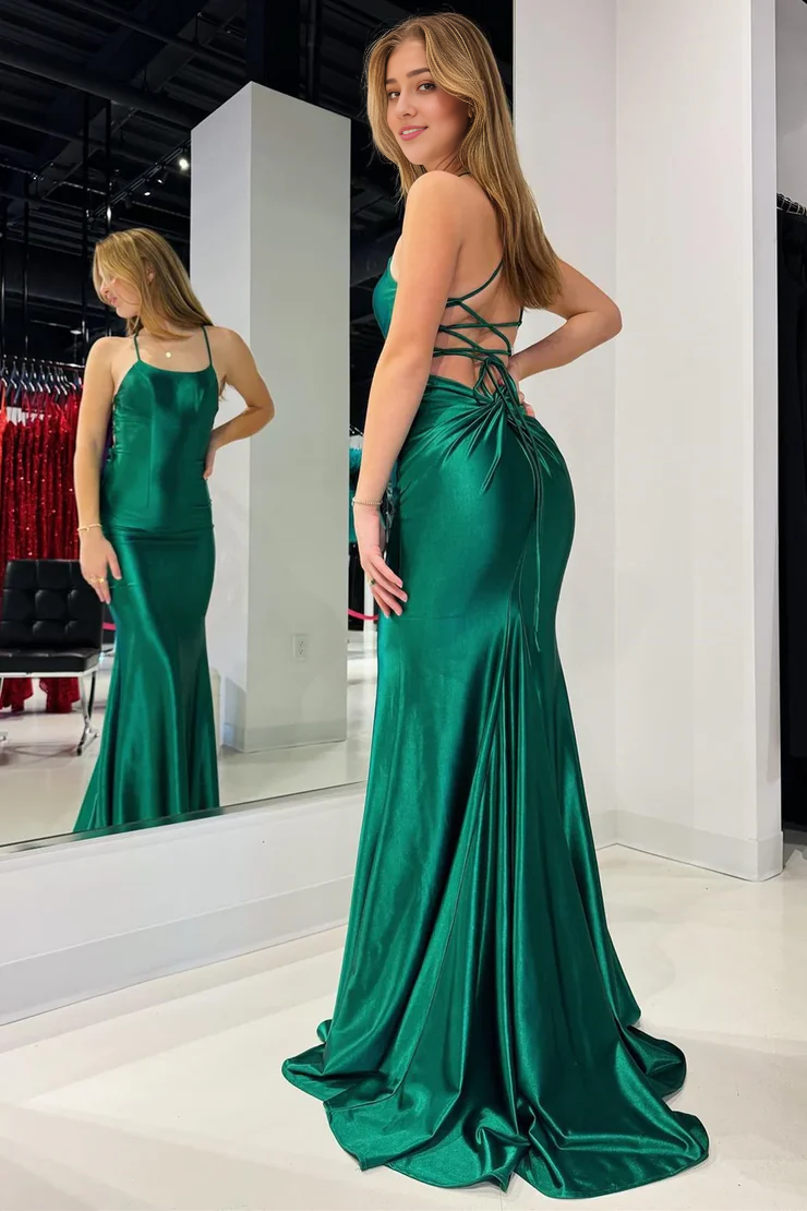 OKBBN Cute Mermaid Round Neck Elastic Satin Long Ball Dress