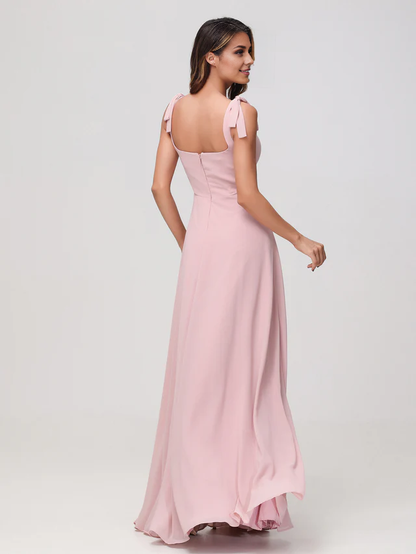 OKBBN square neckline sleeveless and floor chiffon bridesmaid dress