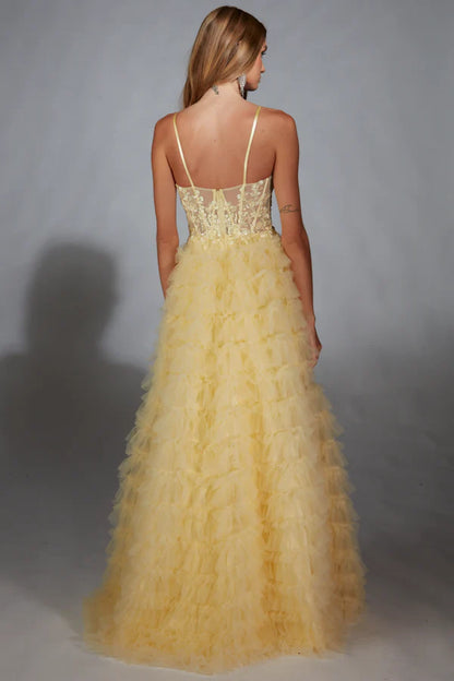 OKBBN Fashion Modern A-line off shoulder thin shoulder strap sleeveless applique chiffon layered dance dress