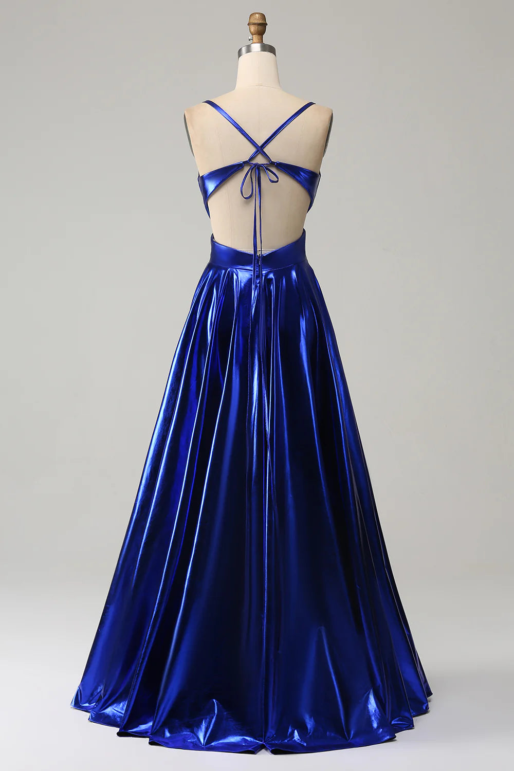 OKBBN A-line thin shoulder strap backless pleated metal slit ball dress