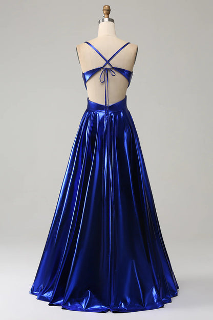 OKBBN A-line thin shoulder strap backless pleated metal slit ball dress