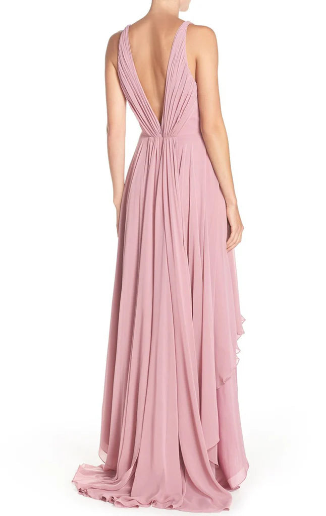 OKBBN Deep V-neck Chiffon High and Low Formal Ball Dress