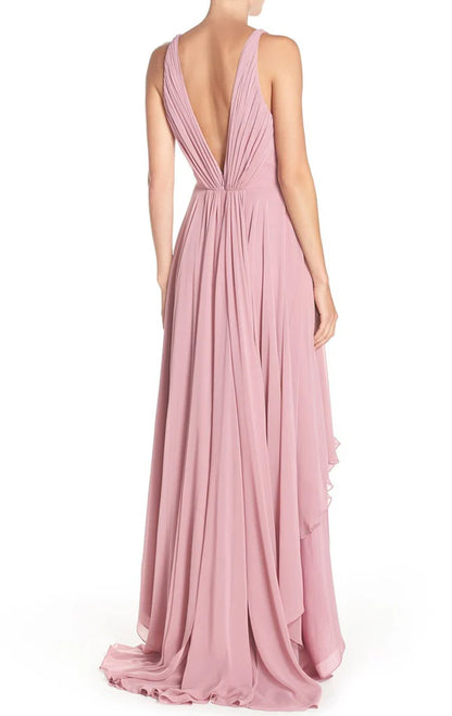 OKBBN Deep V-neck Chiffon High and Low Formal Ball Dress
