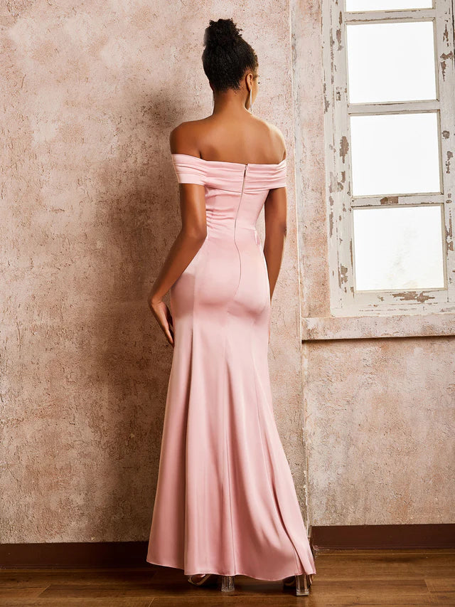 OKBBN Trumpet Mermaid Off Shoulder Acetate Satin Bridesmaid Dress