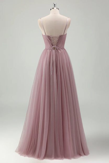 OKBBN decal A-line thin shoulder strap pleated long ball gown