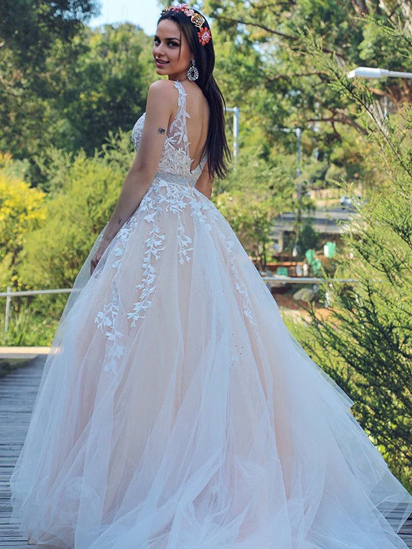 OKBBN A-line elegant applique chiffon sleeveless V-neck ball gown