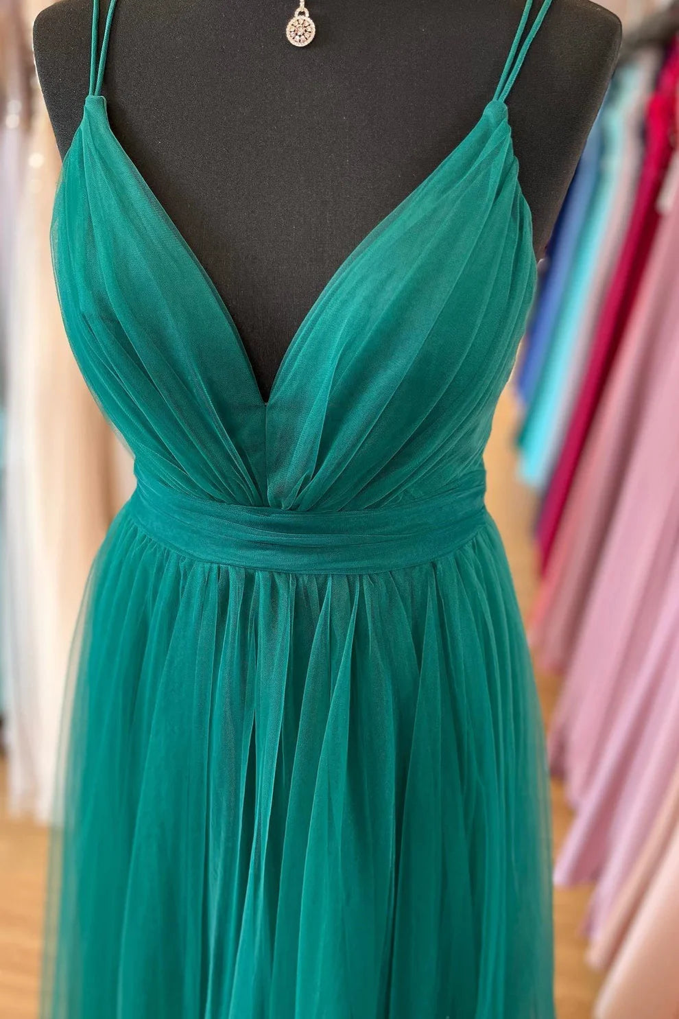 OKBBN A-line deep V-neck double shoulder strap pleated long ball gown
