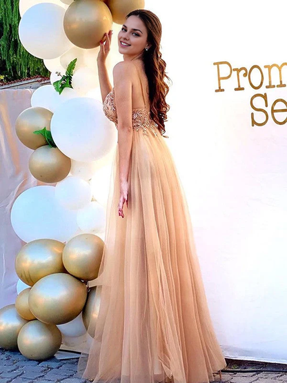 OKBBN A-line elegant chiffon thin shoulder strap sleeveless bead decoration and ballroom dress