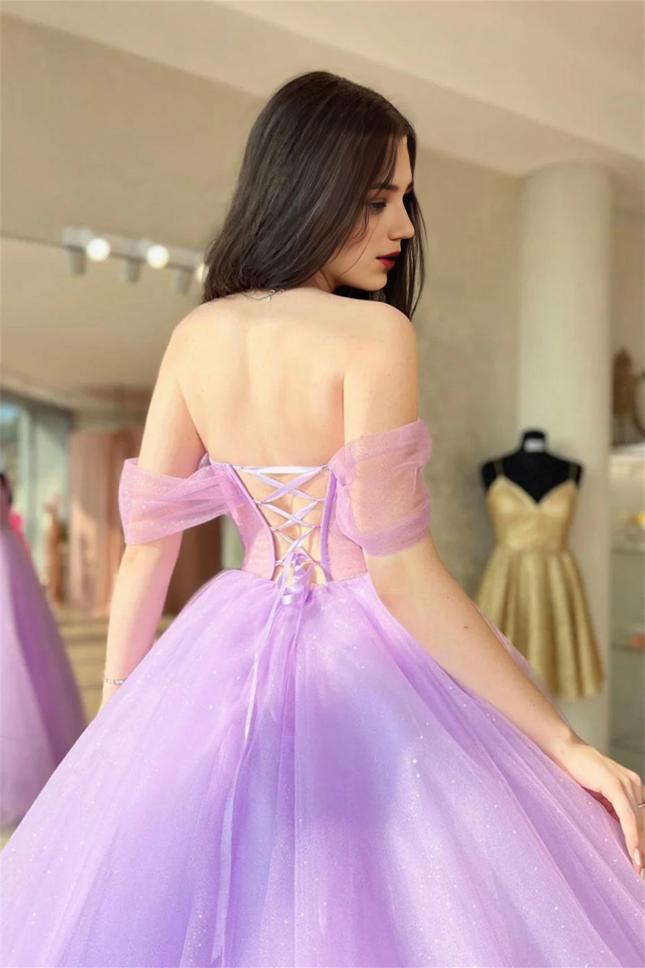 OKBBN elegant off shoulder lace up chiffon long ball gown