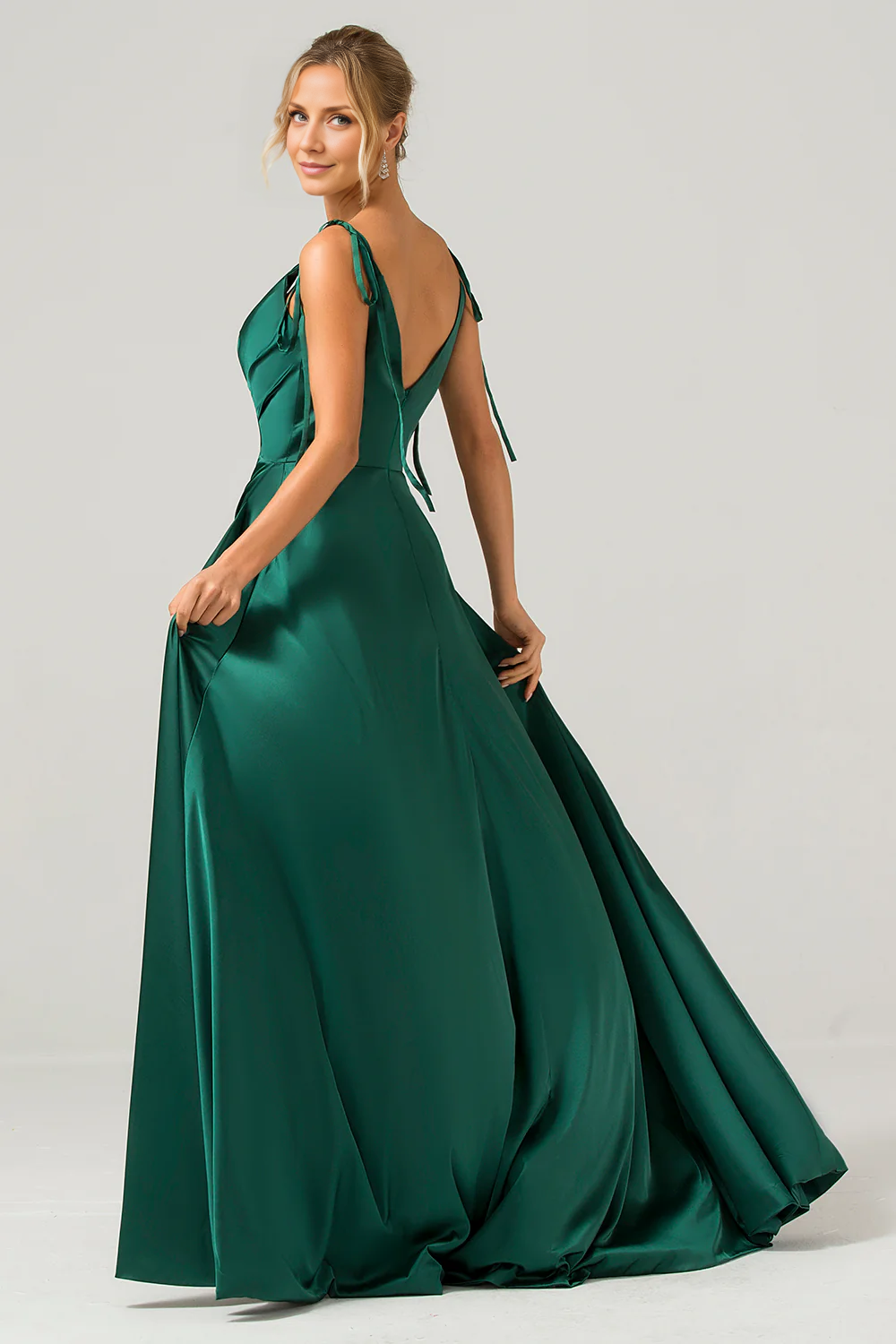 OKBBN A-line thin shoulder strap pleated slit long bridesmaid dress