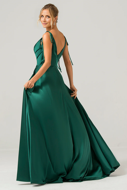 OKBBN A-line thin shoulder strap pleated slit long bridesmaid dress