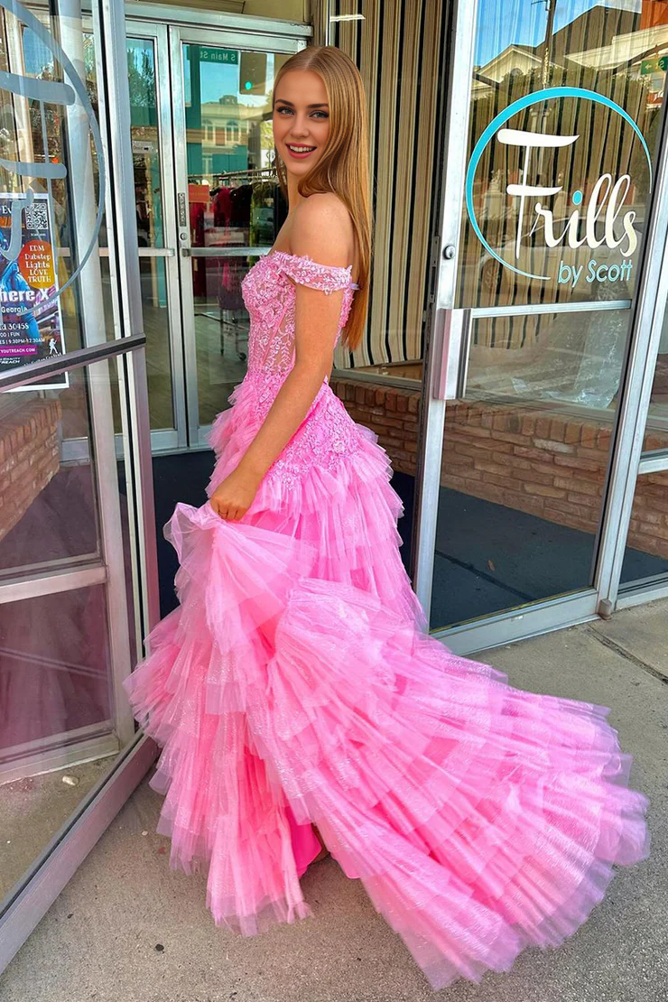 OKBBN charming A-line off shoulder layered chiffon ball dress