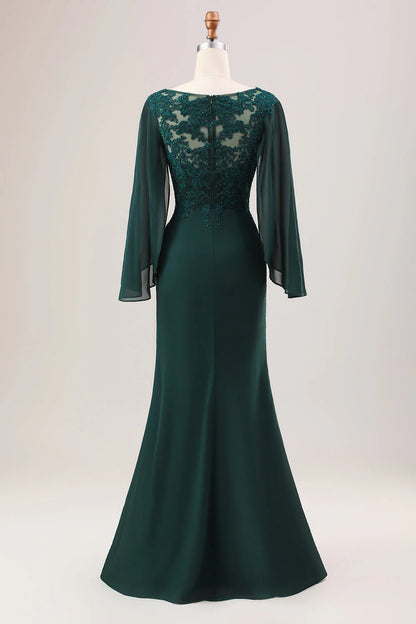 OKBBN Sparkling Mermaid Chiffon Long Sleeve Bridal Mother Dress