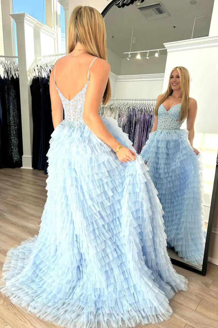 OKBBN charming V-neck ruffled layered chiffon long ball dress