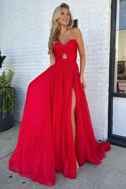 OKBBN A-line sweetheart pleated chiffon slit long ball dress