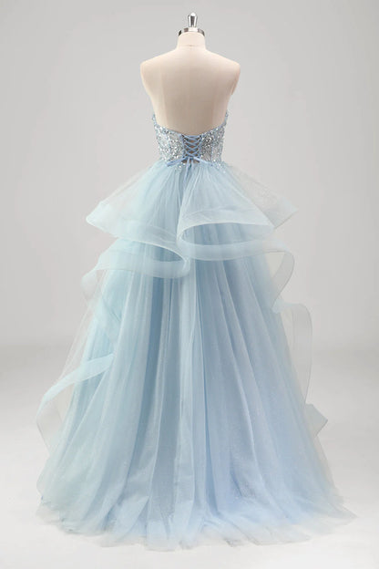 OKBBN A-line off shoulder spiral pleated tight corset sequined pleated ball gown