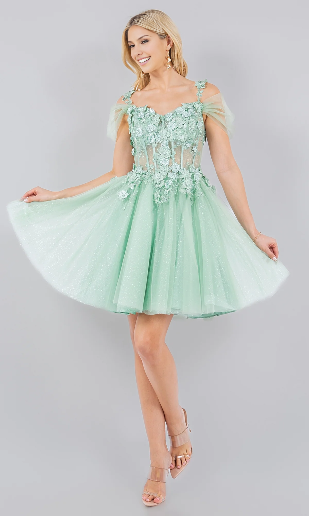 OKBBN short floral sequin sheer sheer sheer tight corset floral multi-layer skirt back to school dress