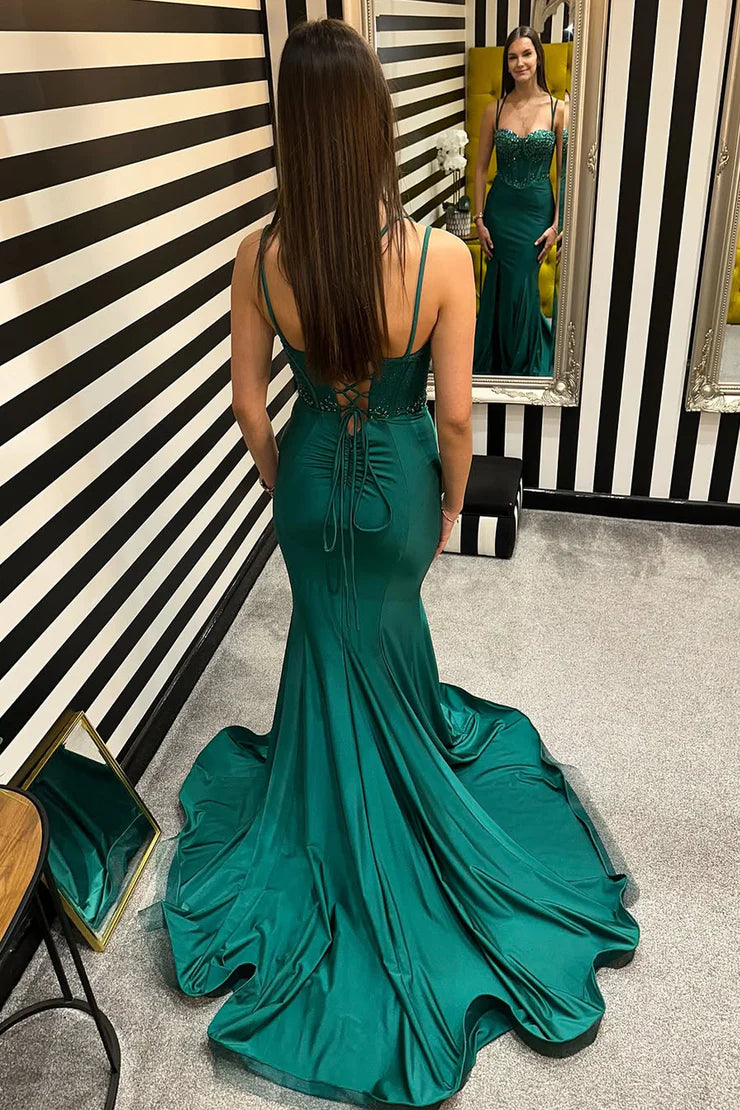 OKBBN Elegant Mermaid Sweetheart Elastic Satin Split Long Ball Dress