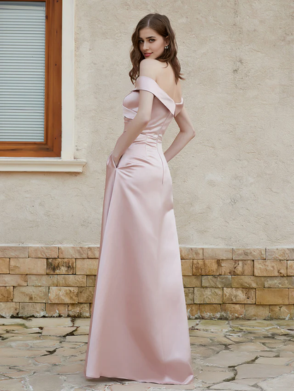 OKBBN Elegant Off Shoulder Satin Split Bridesmaid Dress