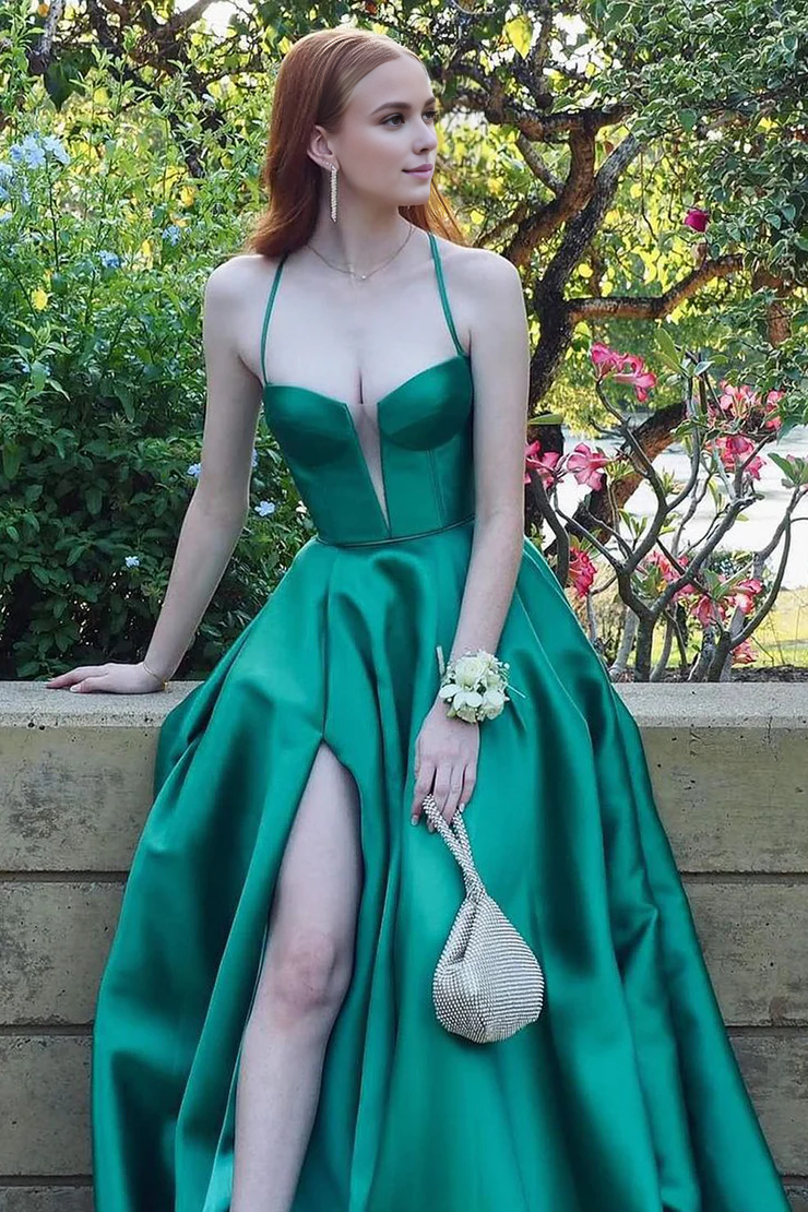 OKBBN Cute A-Shape Sweetheart Satin Long Split Ball Dress