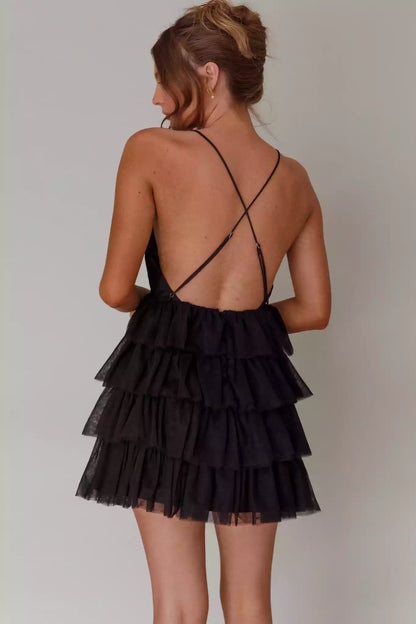 Exquisite mini lining, deep V-neck, layered ruffle edges, cross straps, back zipper, Homecoming Dresses
