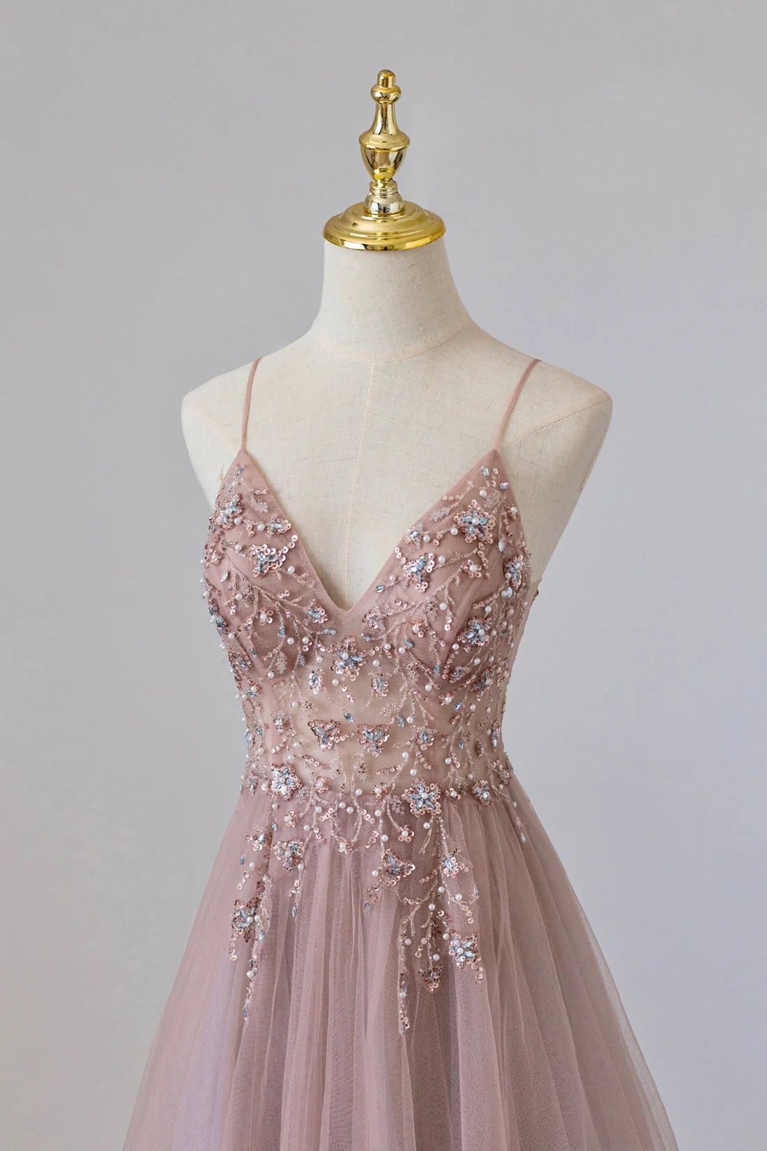 OKBBN chiffon long A-line thin shoulder strap beaded ball gown