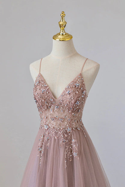 OKBBN chiffon long A-line thin shoulder strap beaded ball gown
