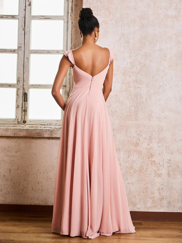 OKBBN pleated shoulder strap sleeveless A-line chiffon bridesmaid dress