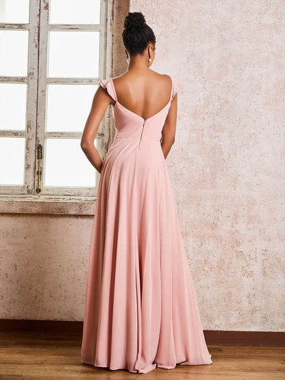 OKBBN pleated shoulder strap sleeveless A-line chiffon bridesmaid dress
