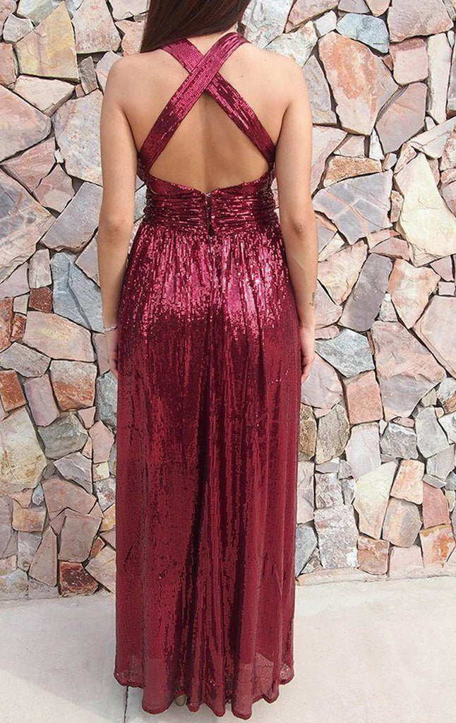 OKBBN Deep V-neck Glitter Long Formal Ball Dress