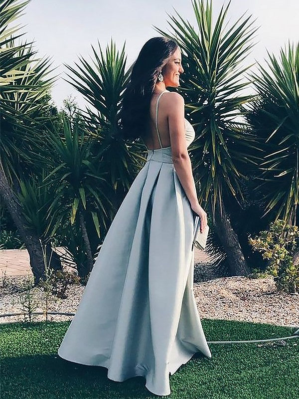 OKBBN A-line thin shoulder strap sleeveless and floor pleated satin ball gown