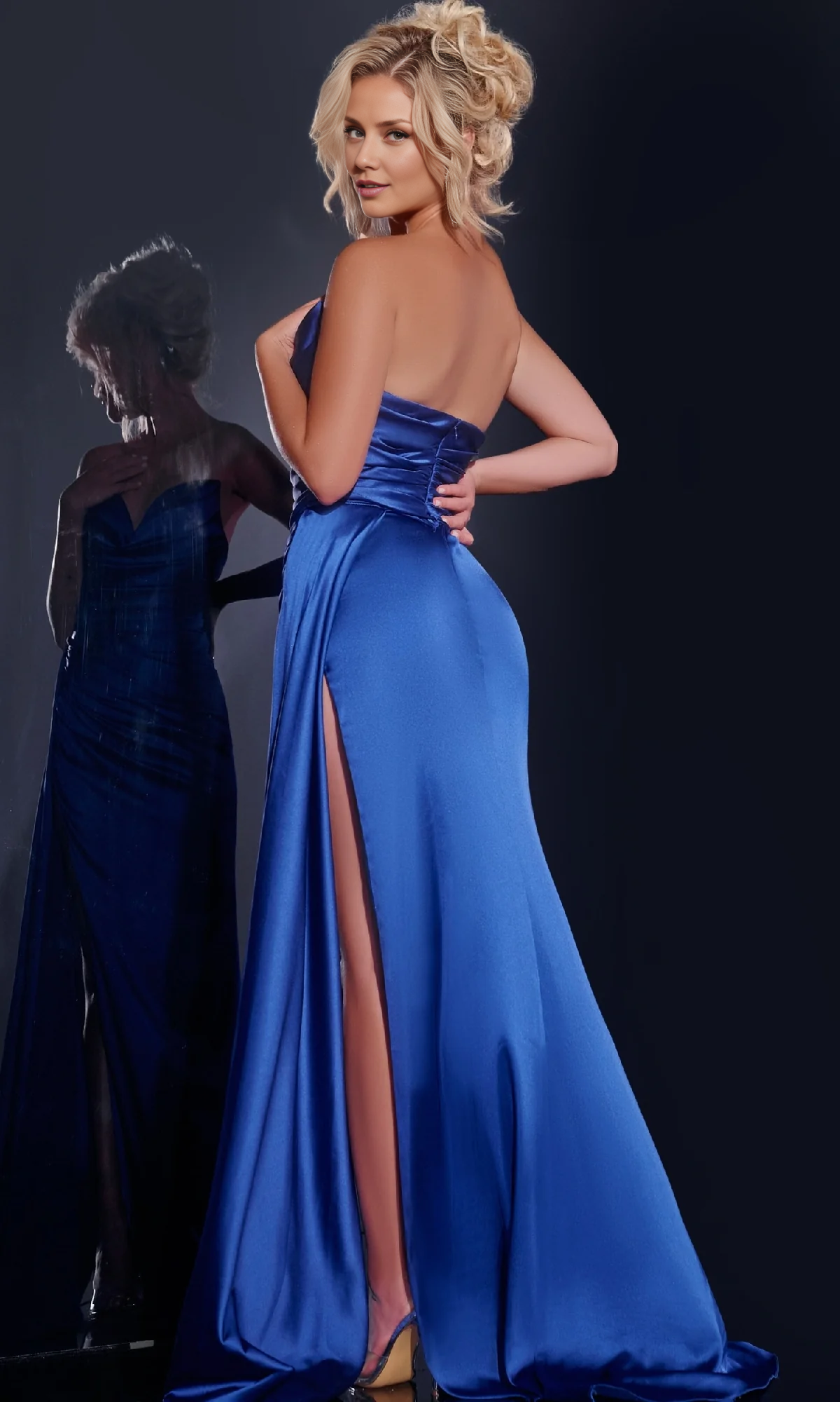 OKBBN strapless long satin pleated high side slit ball dress