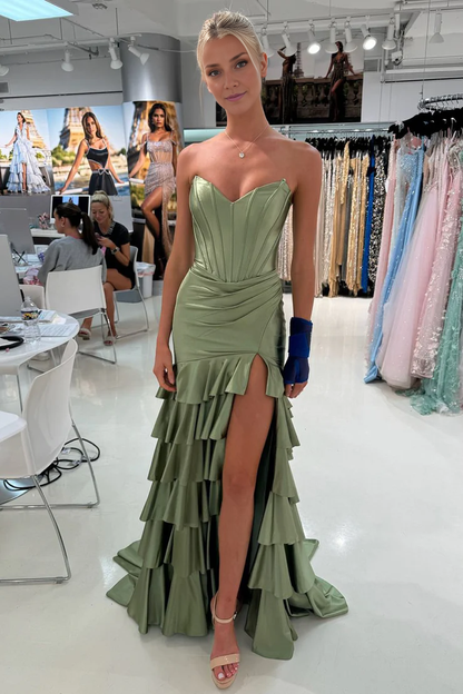OKBBN Cute Mermaid V-neck Satin Layered Split Ball Dress