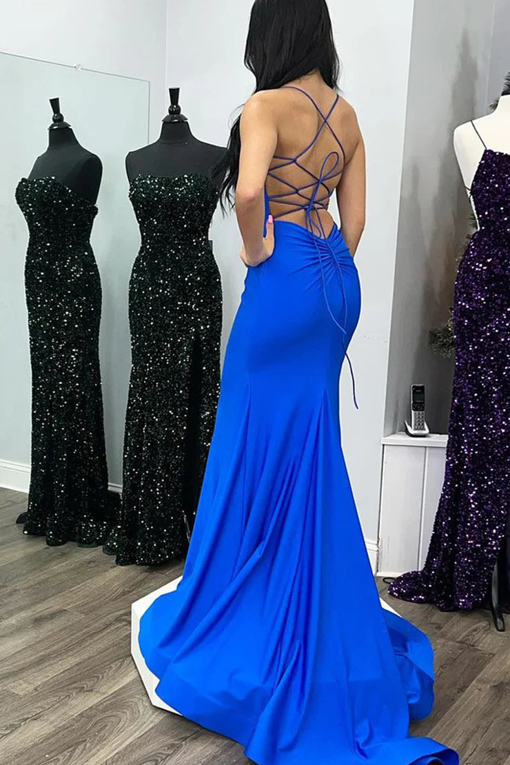 OKBBN Charming Mermaid V-neck Satin Long Lace Ball Dress