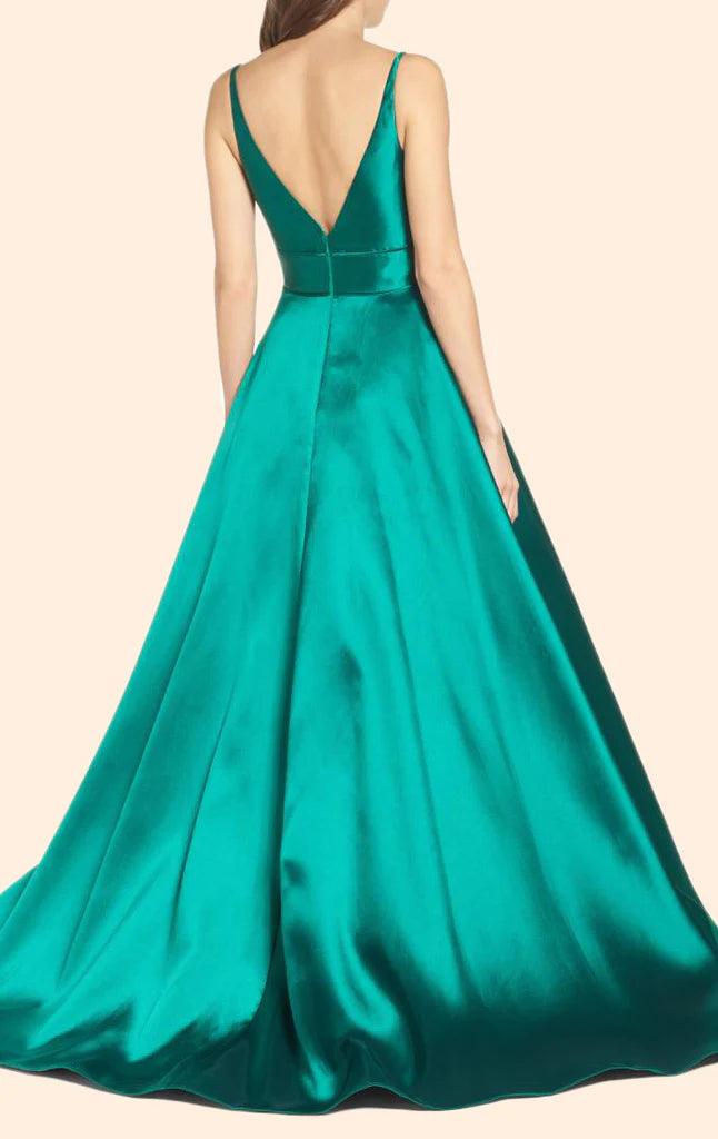 OKBBN Deep V-neck Satin Long Formal Ball Dress