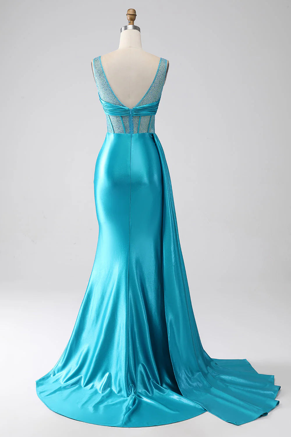 OKBBN mermaid V-neck trailing pleated tight corset bead long ball dress