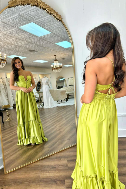 OKBBN Cute A-line Cross Strap Ruffle Satin Long Ball Dress