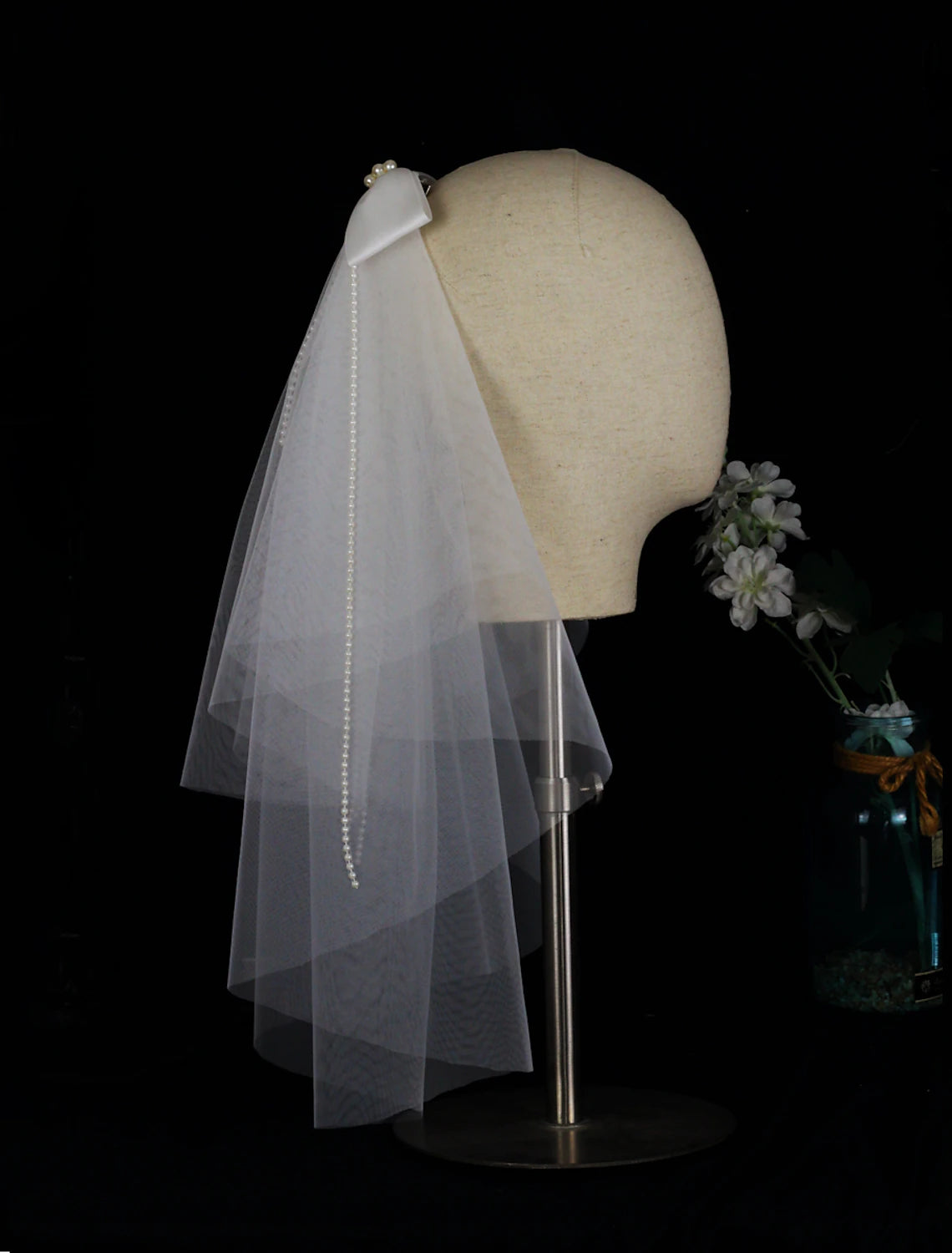 OKBBN two-layer satin ribbon bow chiffon wedding veil