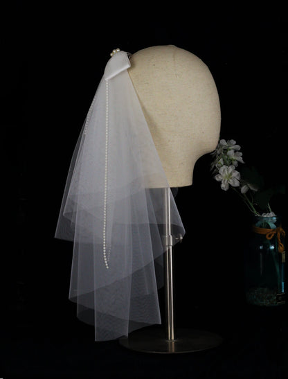 OKBBN two-layer satin ribbon bow chiffon wedding veil