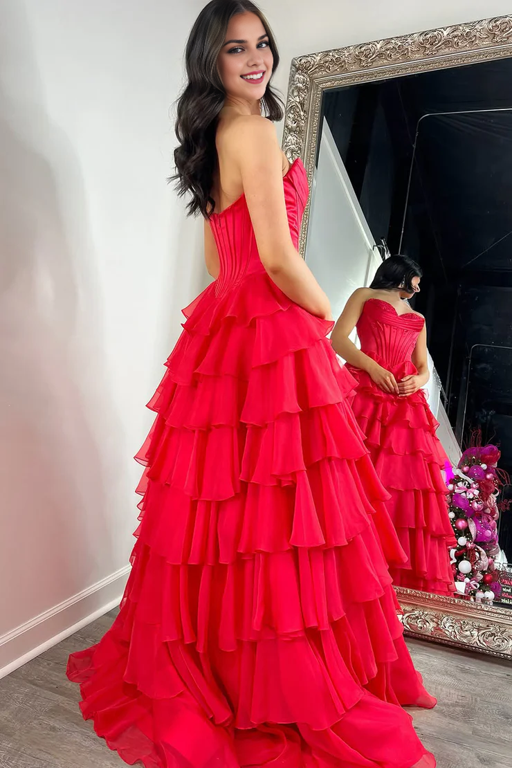 OKBBN Cute A-Shape Sweetheart Chiffon Layered Long Split Ball Dress