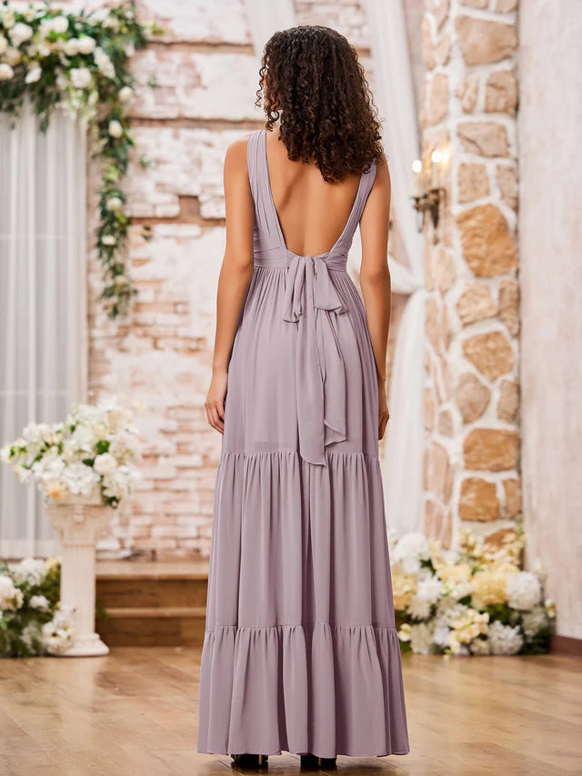 OKBBN A-line V-neck cross pleated layered bridesmaid dress