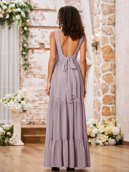 OKBBN A-line V-neck cross pleated layered bridesmaid dress