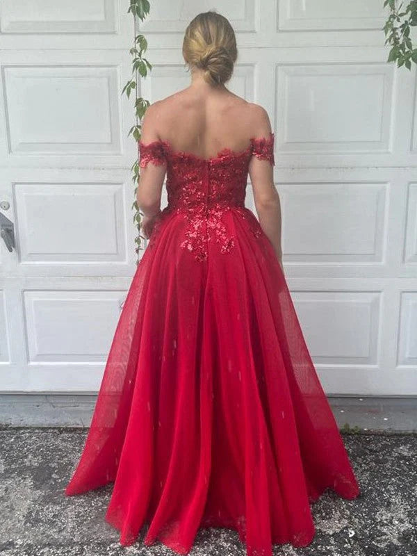 OKBBN A-line elegant off shoulder chiffon applique sleeveless and floor dance dress