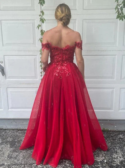 OKBBN A-line elegant off shoulder chiffon applique sleeveless and floor dance dress