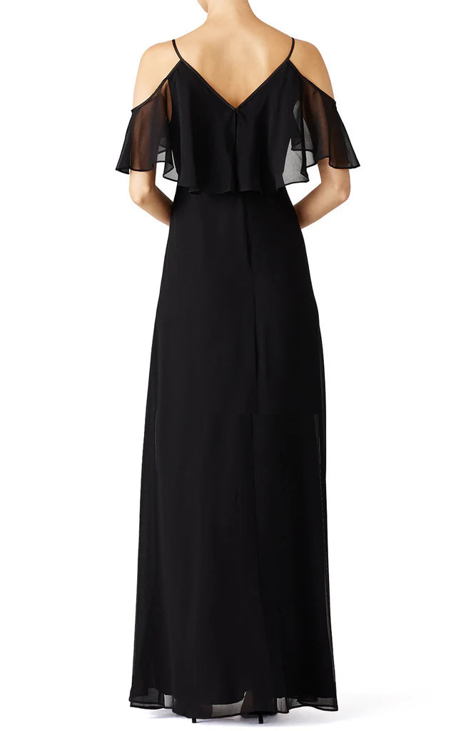 OKBBN V-neck off shoulder chiffon long and simple ball dress