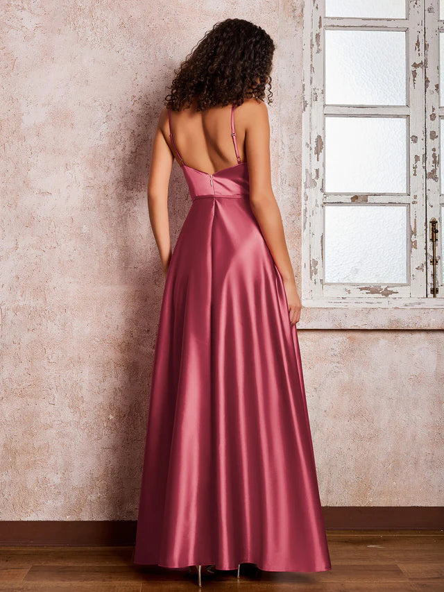 OKBBN Princess Thin Shoulder Strap Long Satin Bridesmaid Dress