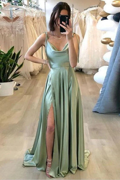 OKBBN charming A-line scarf collar silk long slit dance dress