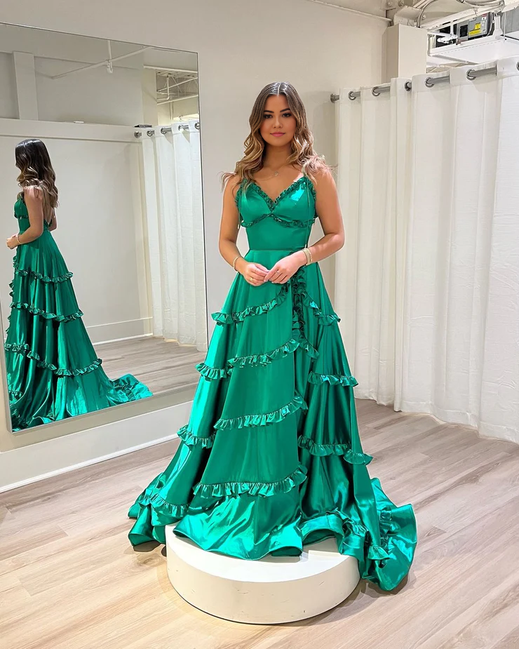 OKBBN A-line V-neck satin ruffle side length dance dress